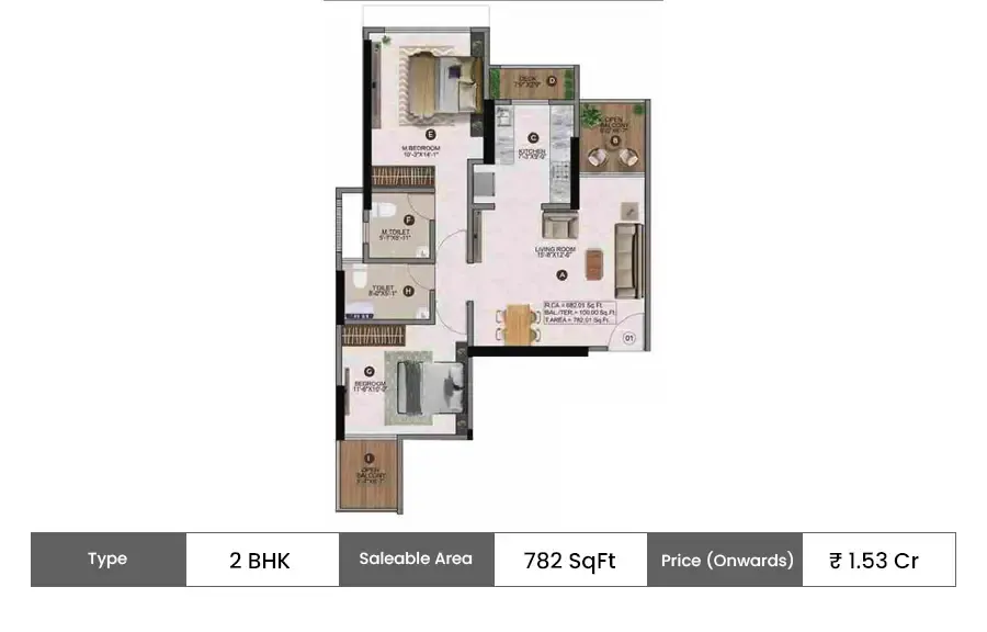 Parth Lake View 2 BHK floor plan, 782 sq ft carpet area